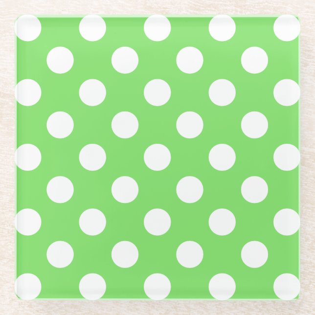 White polka dots on apple green glass coaster (Front)