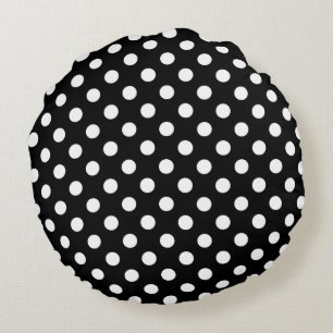 White Polka Dots on Black Background Round Cushion