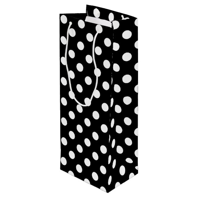 White Polka Dots on Black Background Wine Gift Bag (Back Angled)
