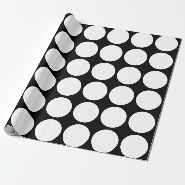 White Polka Dots on Black Geometric Pattern Wrapping Paper (Unrolled)