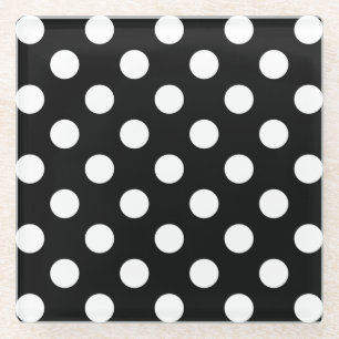 White polka dots on black glass coaster