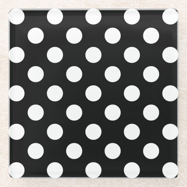 White polka dots on black glass coaster (Front)
