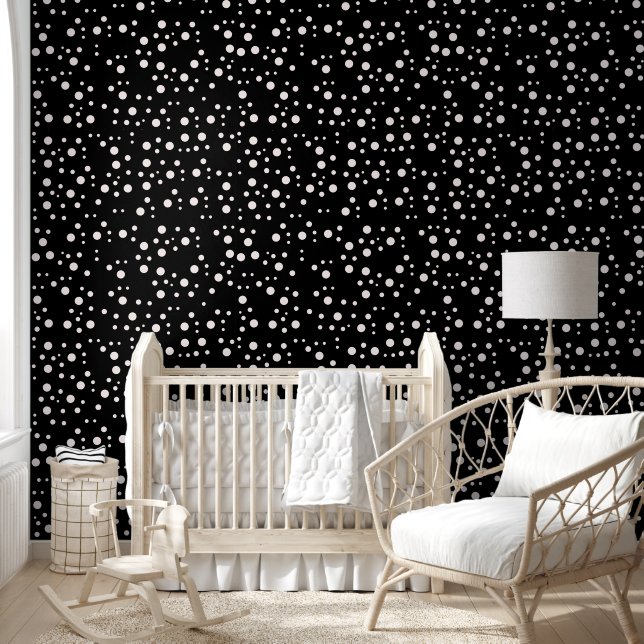 White Polka Dots on Black - Retro Textured Wallpaper (Kids)