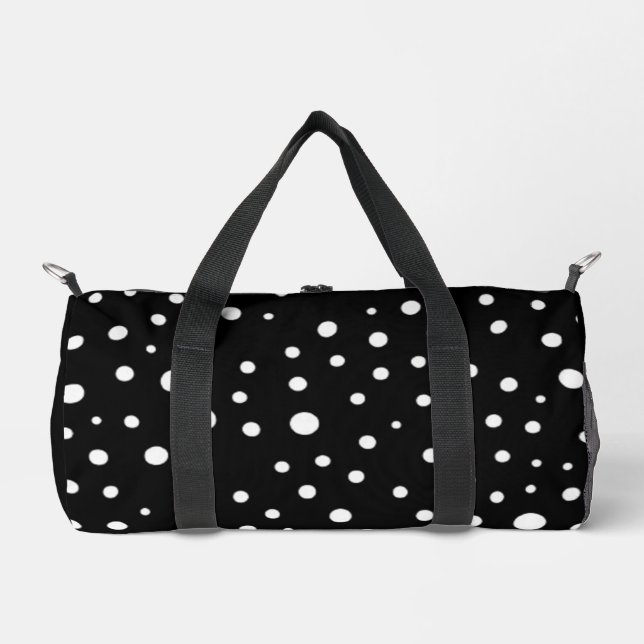 White Polka Dots on Black Small Duffle Bag (Front)