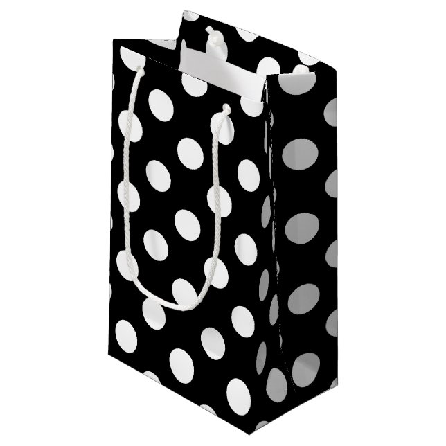 White polka dots on black small gift bag (Front Angled)