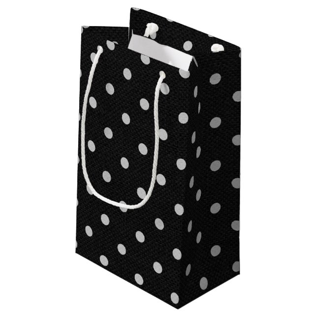 white polka dots on black small gift bag (Back Angled)