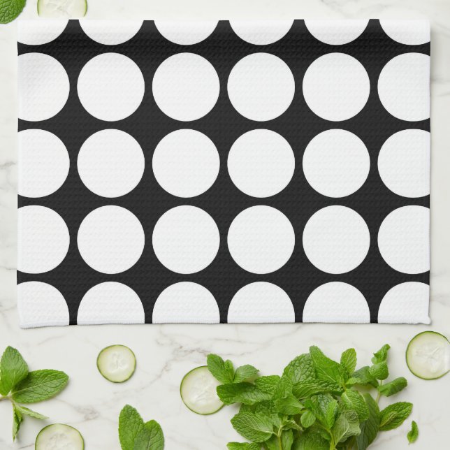 White Polka Dots on Black Tea Towel (Folded)