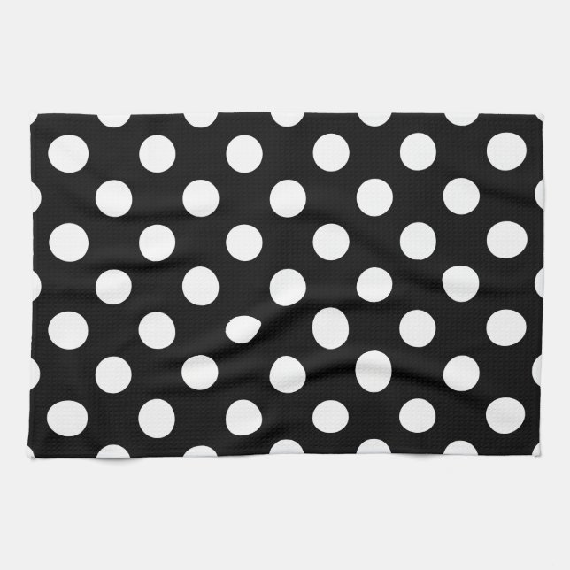 White polka dots on black tea towel (Horizontal)