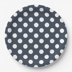 White polka dots on blue-gray paper plate