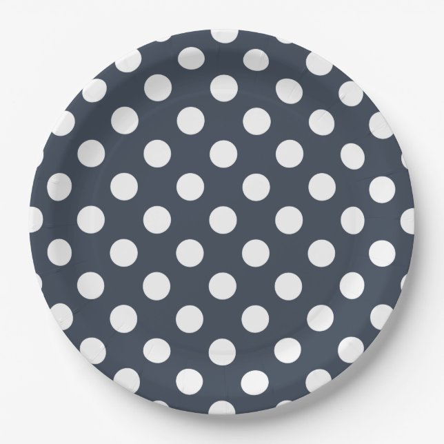 White polka dots on blue-gray paper plate (Front)