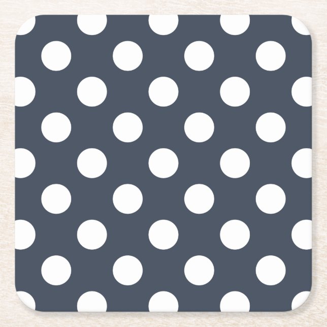 White polka dots on blue-gray square paper coaster (Front)