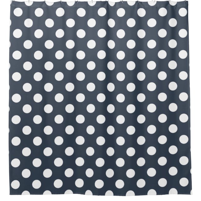 White polka dots on blue-grey shower curtain (Front)