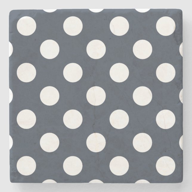 White polka dots on blue-grey stone coaster (Front)