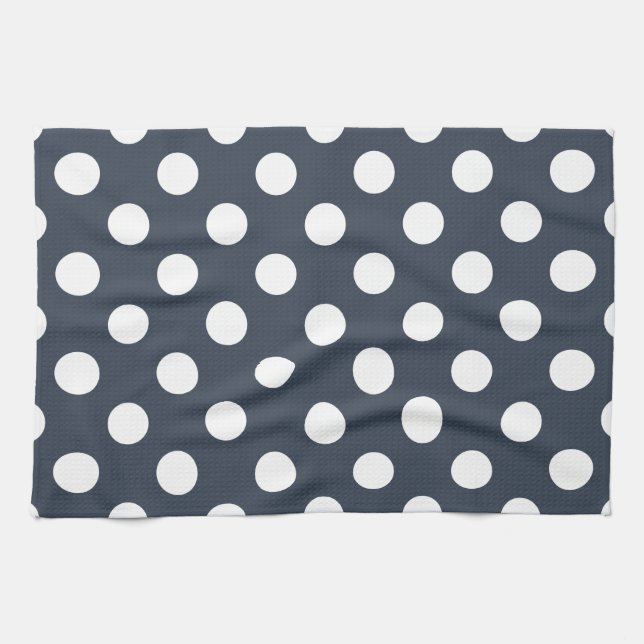 White polka dots on blue-grey tea towel (Horizontal)