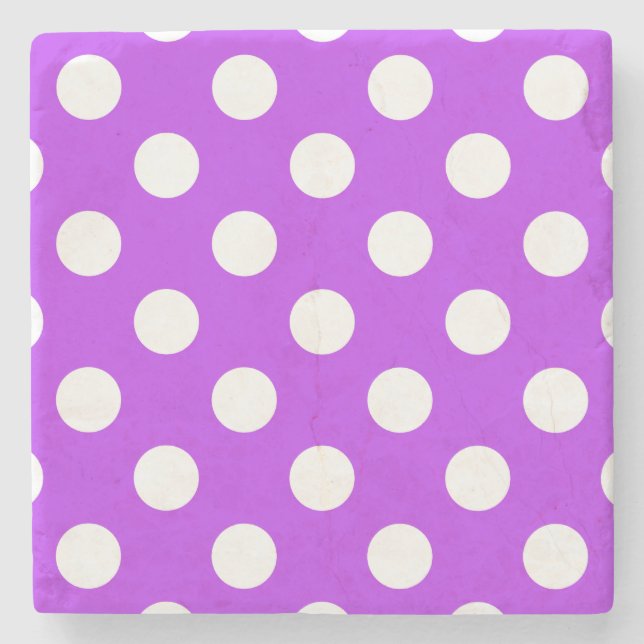 White polka dots on bright purple stone coaster (Front)