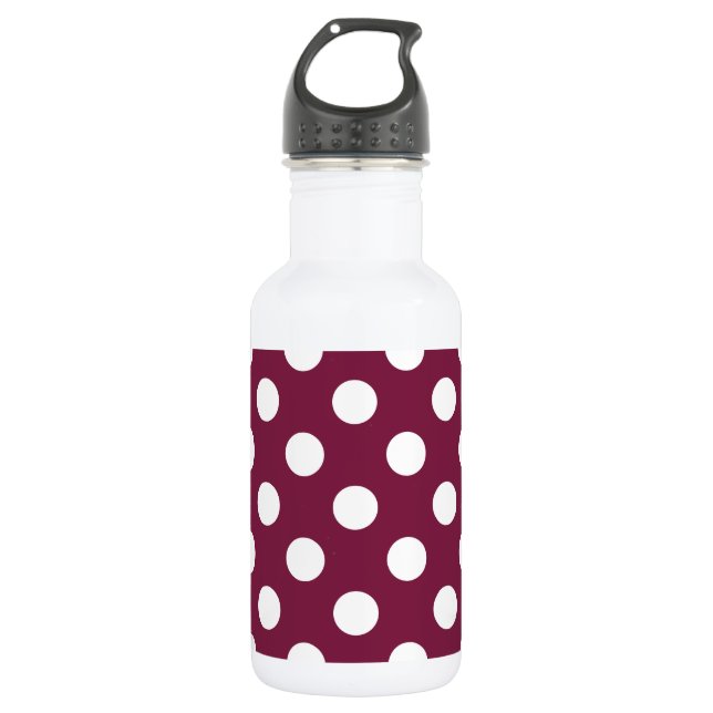 White polka dots on burgundy 532 ml water bottle (Front)