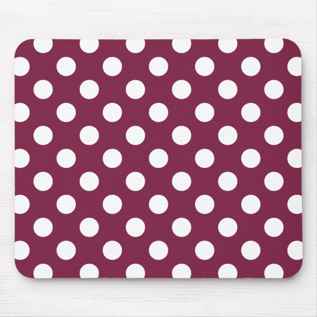 White polka dots on burgundy mouse mat (Front)