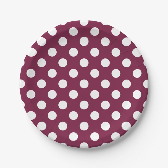 White polka dots on burgundy paper plate (Front)