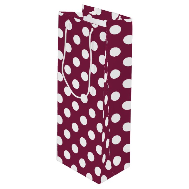 White polka dots on burgundy wine gift bag (Front Angled)