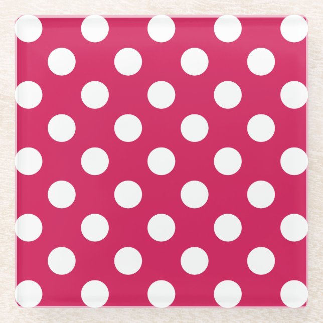 White polka dots on cerise glass coaster (Front)