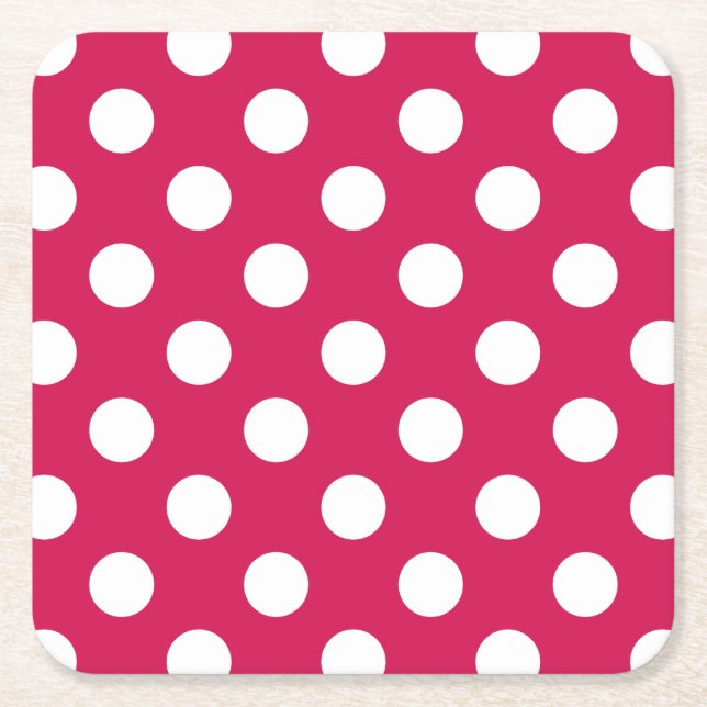 White polka dots on cerise square paper coaster (Front)