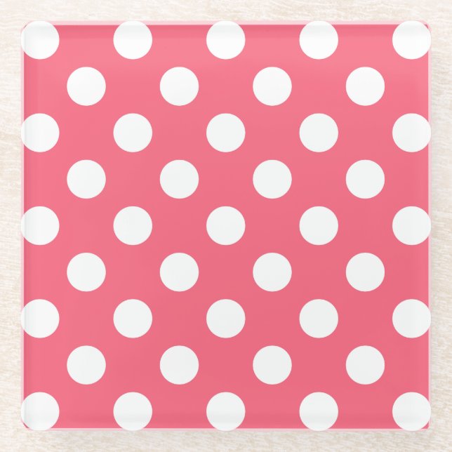 White polka dots on coral glass coaster (Front)