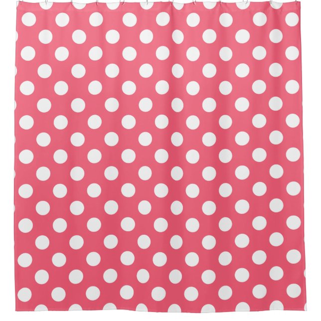 White polka dots on coral shower curtain (Front)