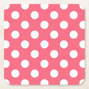 White polka dots on coral square paper coaster