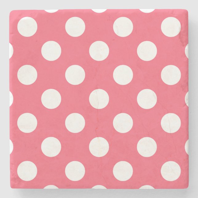 White polka dots on coral stone coaster (Front)