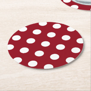 White Polka Dots on Crimson Red Round Paper Coaster