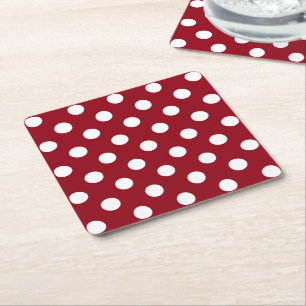 White Polka Dots on Crimson Red Square Paper Coaster