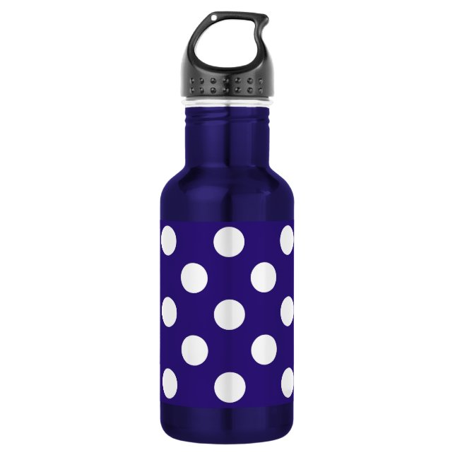 White polka dots on dark blue 532 ml water bottle (Front)