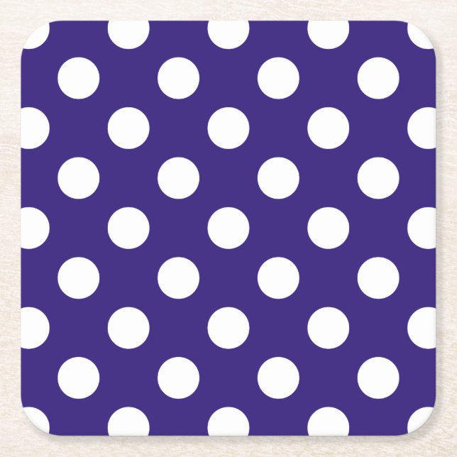 White polka dots on dark blue square paper coaster (Front)