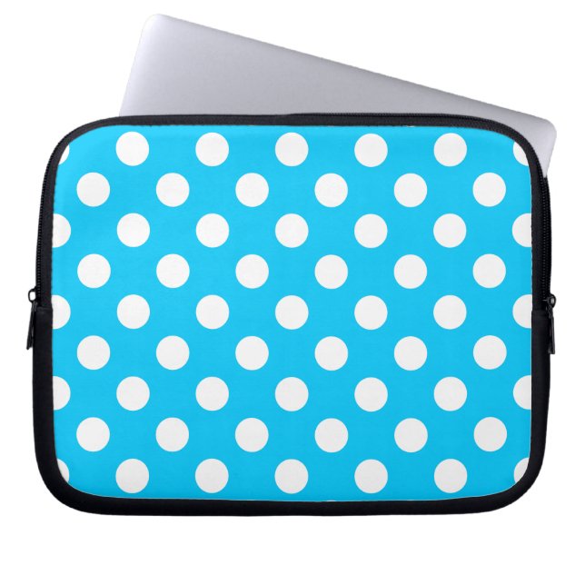 White polka dots on electric blue laptop sleeve (Front)
