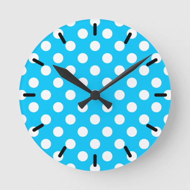 White polka dots on electric blue round clock (Front)