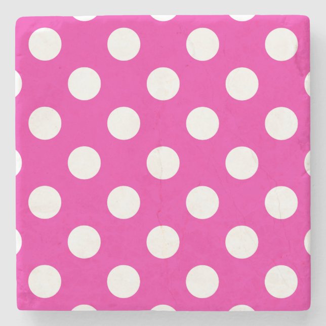 White polka dots on fuchsia stone coaster (Front)