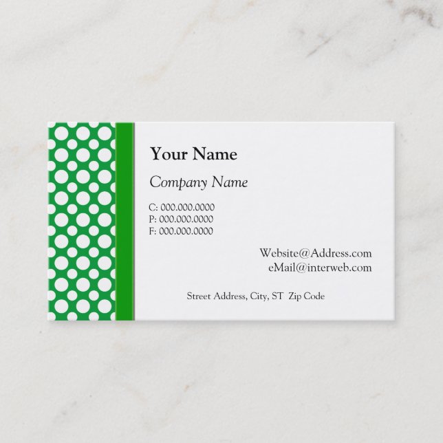 White Polka Dots on Green Business Cards (Front)