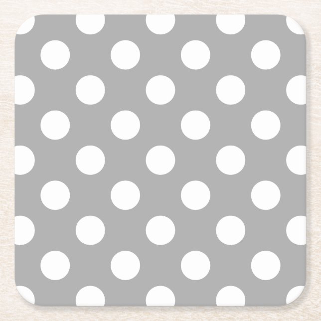 White polka dots on grey square paper coaster (Front)
