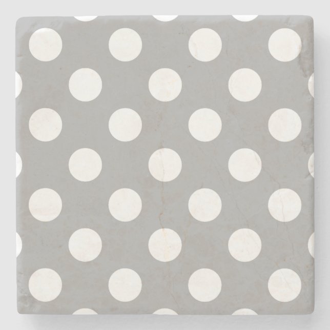 White polka dots on grey stone coaster (Front)