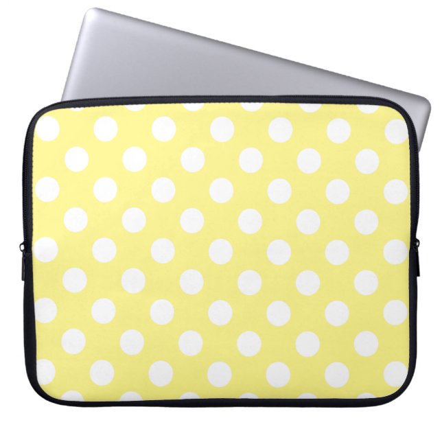 White polka dots on lemon yellow laptop sleeve (Front)