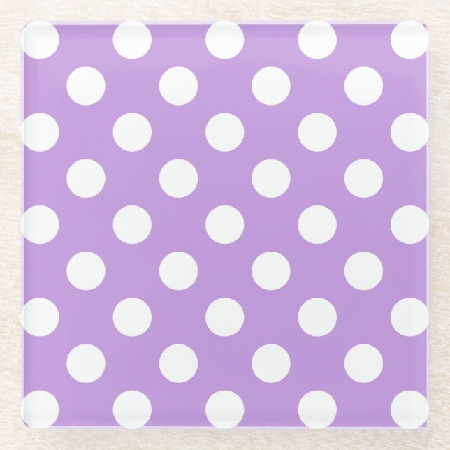 White polka dots on lilac glass coaster (Front)