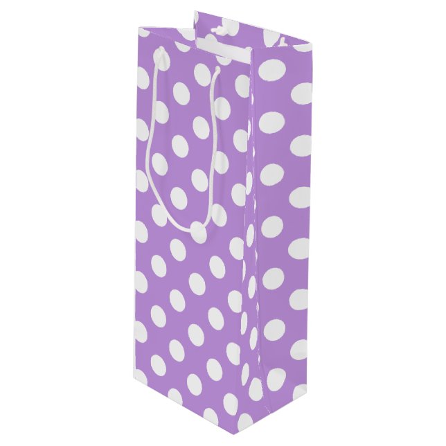 White polka dots on lilac wine gift bag (Front Angled)