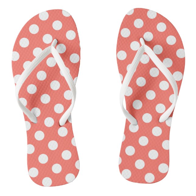 White polka dots on living coral flip flops (Footbed)