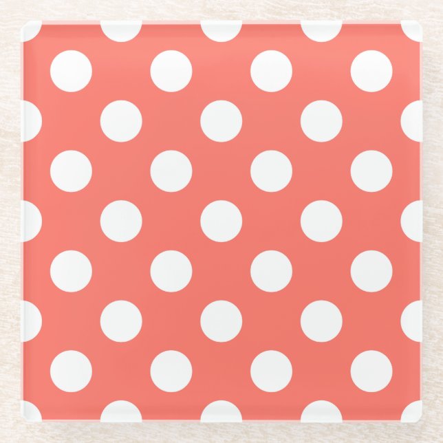 White polka dots on living coral glass coaster (Front)
