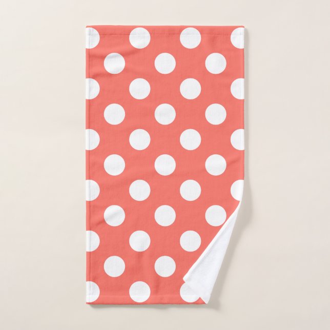 White polka dots on living coral hand towel (Hand Towel)