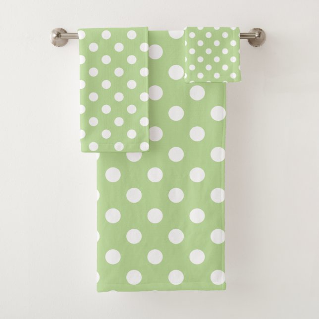 White Polka Dots on Mint Green Bath Towel Set (Insitu)