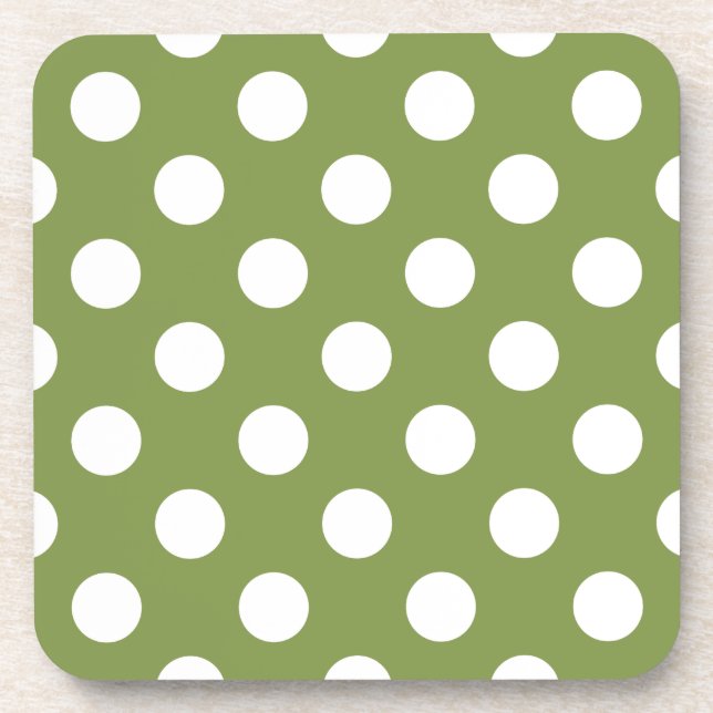 White polka dots on olive green coaster (Front)