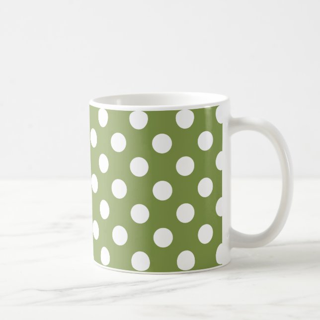 White polka dots on olive green coffee mug (Right)