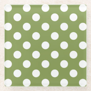 White polka dots on olive green glass coaster