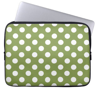 White polka dots on olive green laptop sleeve